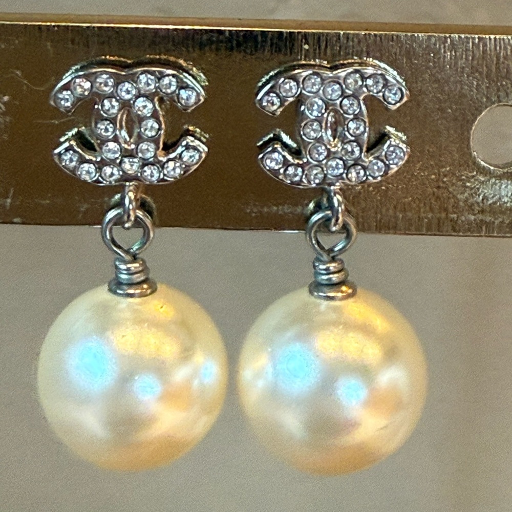 Chanel Pearl Drop Earrings with Crystal CC Logo